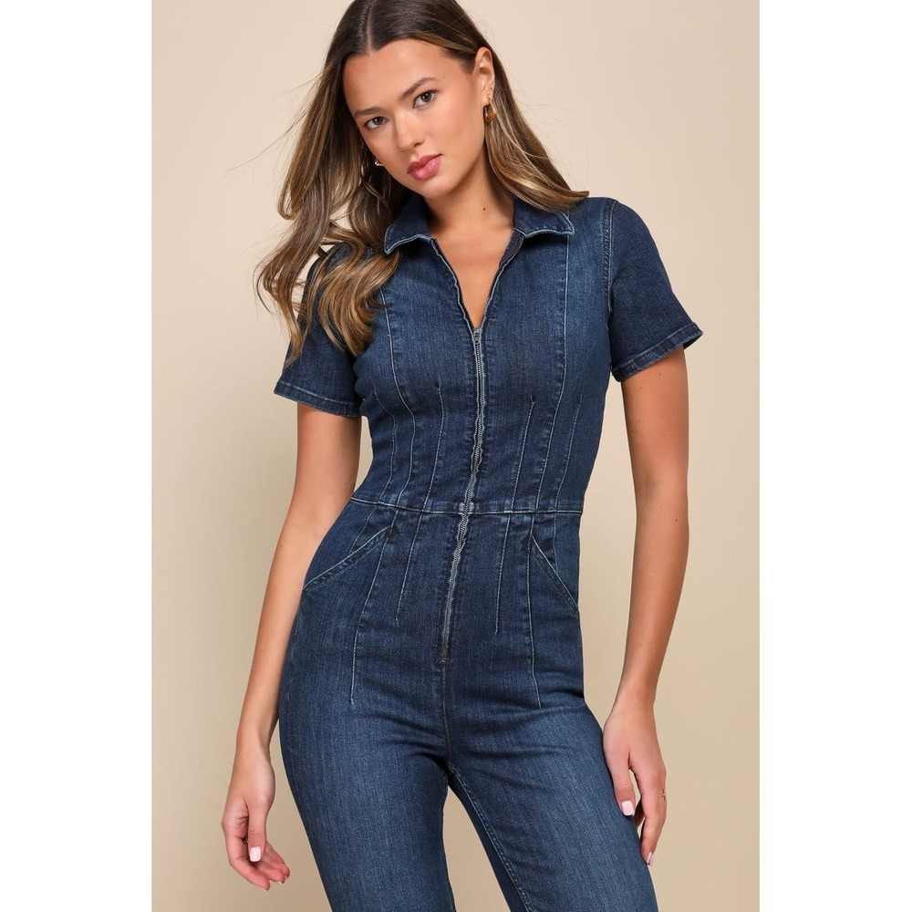 Free People We The Free Jayde Denim Jumpsuit Flare Leg Dark Wash Size L